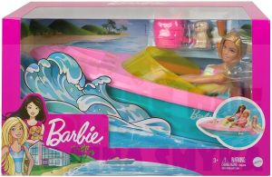 BARBIE MOTORÓWKA ŁÓDKA + LALKA + PIESEK GRG30